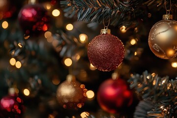 Close-up of Red and Gold Christmas Ornaments on a Tree