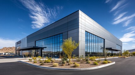 Obraz premium Modern commercial building with large windows and desert landscaping.