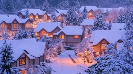 Snowy Neighborhood with Cozy Homes and Twinkling Lights