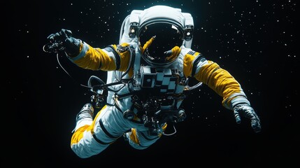 an astronaut, wearing yellow and white space suits, floating in the air, taking a full-body photo. Over black Studio Background.