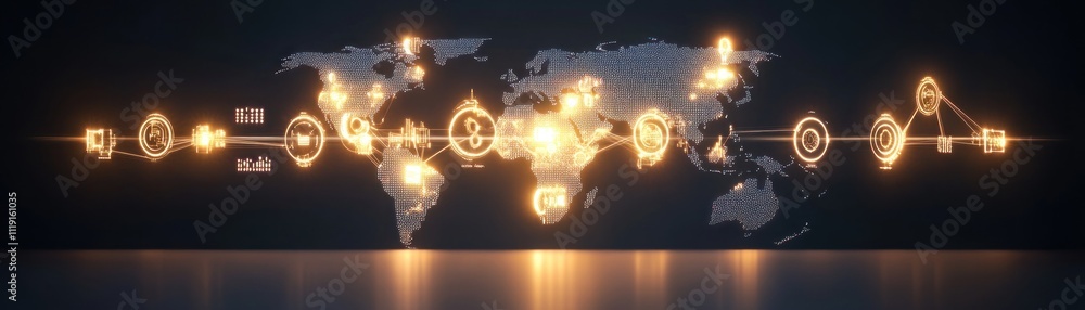 Poster a digital world map with glowing icons representing global connectivity and technology.