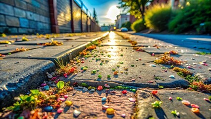 Fototapeta premium A cobblestone path strewn with colorful candies reflecting the warm glow of the setting sun.