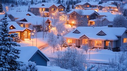 Snow Covered Houses with Warm Lights