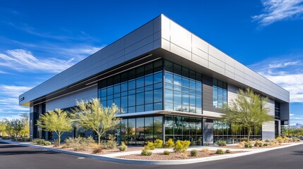 Obraz premium Modern commercial building with large glass windows and landscaped surroundings.