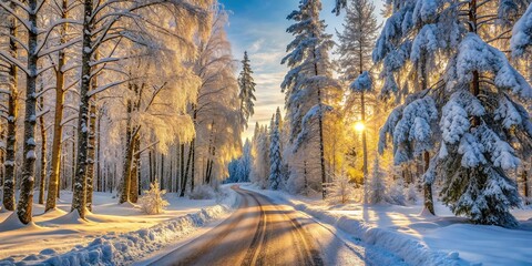 Fototapeta premium A Winding Path Through a Snow-Covered Forest, Bathed in the Golden Light of the Setting Sun
