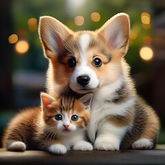 Obraz premium A cute Corgi puppy and a kitten cuddle together