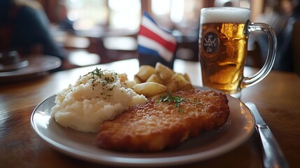 Crispy breaded cutlet served with mashed potatoes, potato wedges, and beer.