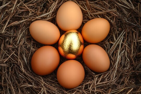 Brown eggs and a golden egg in a nest, dark background. Stand out in crowd concept - Powered by Adobe