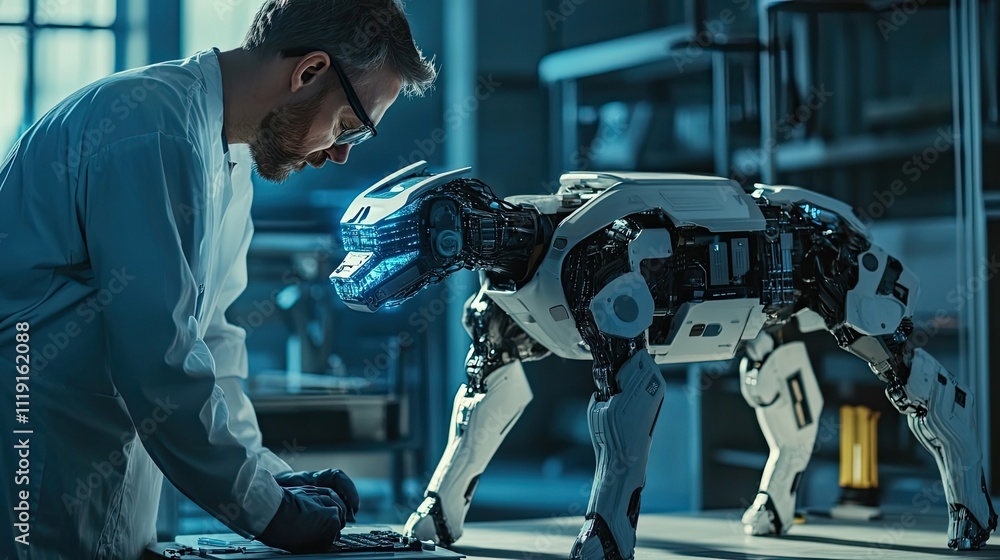 Poster scientist works on advanced robotic canine prototype