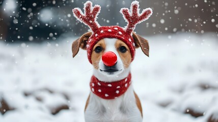 Fototapeta premium Jack Russell retriever wearing a reindeer antler headband and red clown nose isolated