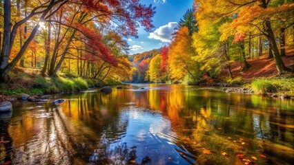 Obraz premium Autumnal Reflections in a Serene River, Where Golden Leaves Dance on a Surface of Tranquil Blue