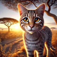Obraz premium portrait of a cat with an acacia tree in the background of the Serengeti with soft light. Created with generative AI.