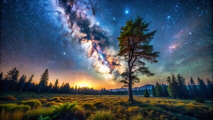 Fototapeta premium A solitary tree stands tall against a backdrop of a vibrant night sky, the Milky Way stretching across the horizon, a tapestry of stars twinkling above a vast, tranquil meadow.
