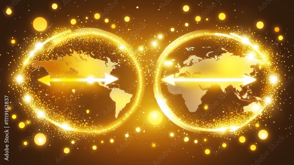 Poster abstract representation of two globes connected by arrows, symbolizing global interaction.
