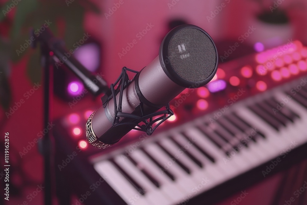 Poster a microphone positioned above a keyboard in a colorful music studio setting.