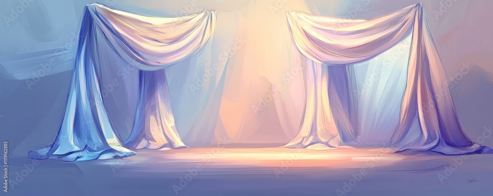 Aufkleber a serene stage setting with draped fabric and soft lighting, suggesting a performance or event.