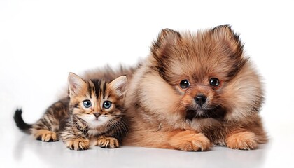 Obraz premium An adorable fluffy Pomeranian puppy lies beside a small Bengal kitten on a white background.