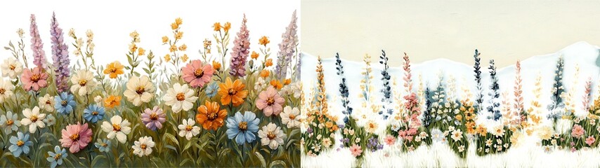 Pastel Unique Watercolor Wild Flowers Arts, A vibrant display of assorted colorful flowers blooming in a lush garden setting.