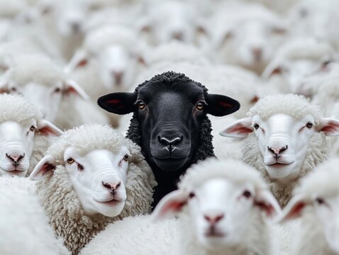 A black sheep standing in a herd of white sheep
