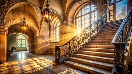 Fototapeta premium Sunlight streaming through a grand arched window illuminates a majestic staircase with intricate wrought iron railings, casting dramatic shadows on the polished stone floor.