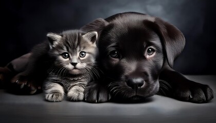 Obraz premium black Labrador Retriever puppy and a tabby kitten lie together against a black backdrop.