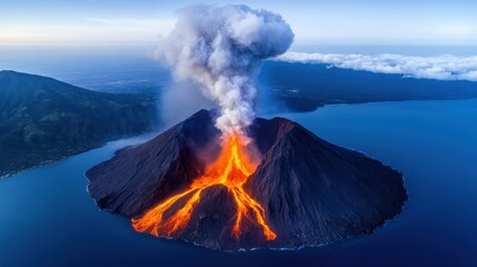 Fototapeta premium Aerial view of an erupting volcano with lava flow and smoke.