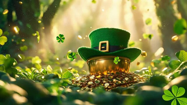 Leprechaun hat and pot of gold in enchanted forest with sunlit shamrocks. Happy St. Patrick's Day. Saint Patrick