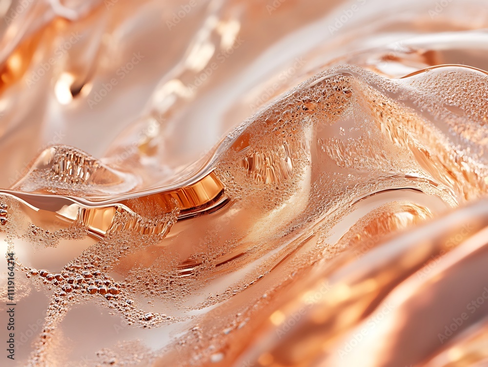 Poster abstract close-up of peach-colored liquid with bubbles, showing texture and light reflections.