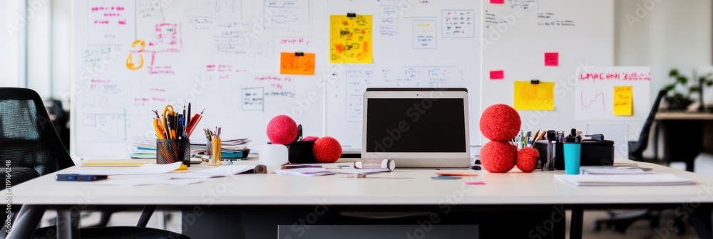 Poster a modern workspace with creative materials and a computer, ideal for brainstorming and planning.