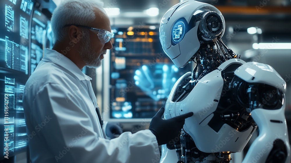 Poster scientist examines advanced humanoid robot in futuristic lab.