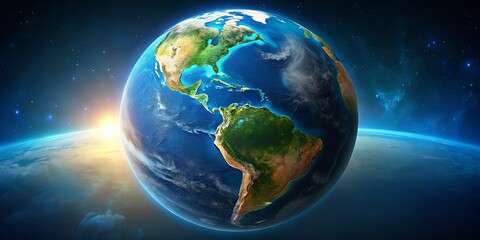 Obraz premium A celestial view of the Earth, illuminated by the glow of a distant sun, showcasing the continents of North and South America, with a backdrop of a star-strewn expanse.