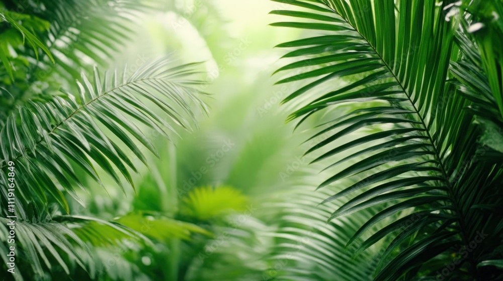 Poster lush green palm leaves create a tranquil tropical atmosphere with soft natural light filtering throu