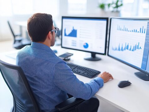 Professional male analyst working in a modern office environment, focused on data visualization and statistical analyses with multiple computer screens displaying graphs and charts - Powered by Adobe