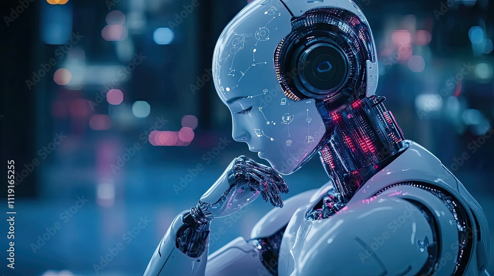 Poster thoughtful robot contemplating in a futuristic setting