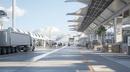 Futuristic transport hub with modern design, featuring advanced vehicles and sleek architecture.