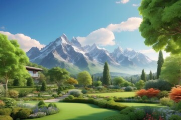 a green garden with a mountain background