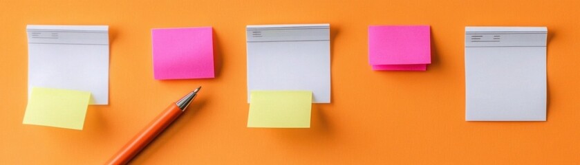 Colorful Sticky Notes on Bright Orange Background with Orange Pen, Ideal for Office Organization, Brainstorming and Creative Planning Activities