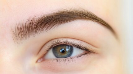 Obraz premium Close-Up Shot of Beautiful Eye with Natural Eyelashes and Well-Groomed Eyebrow, Highlighting the Details of Iris and Skin Texture, Perfect for Beauty and Aesthetic Projects
