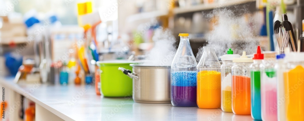 Poster a laboratory setup with colorful liquids and steam, indicating scientific experiments.