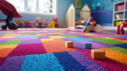 Fototapeta premium Colorful Playroom with Soft Carpet Featuring Vibrant Patterns and Toys for Children, Creating a Fun and Inviting Environment for Playtime and Learning