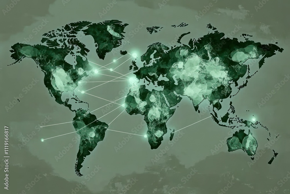Poster a green-toned world map with interconnected nodes, symbolizing global connections and networks.