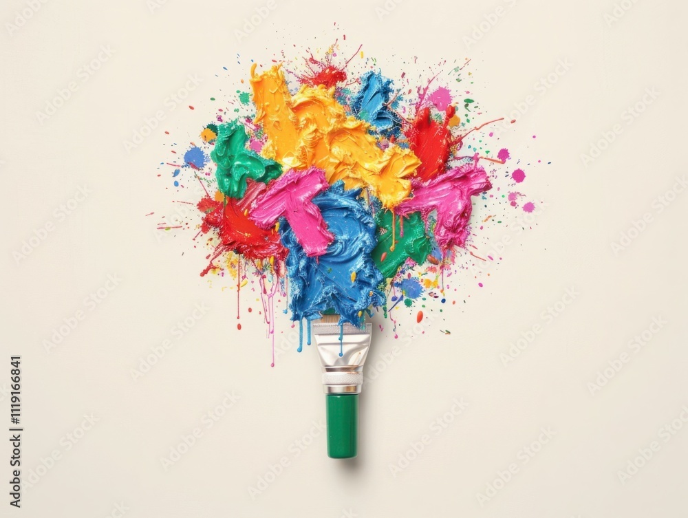Poster colorful explosion of paint on a paint roller creating an artistic masterpiece against a neutral bac