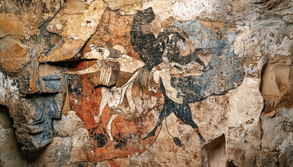 Ancient petroglyphs carved into rock, Archaeological pre-historic human cliff paint drawing