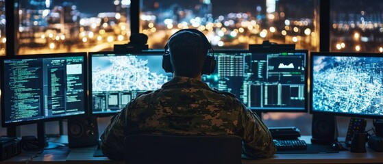 Obraz premium Focused man in camouflage jacket working at cluttered desk with multiple monitors, cityscape background - concentration concept