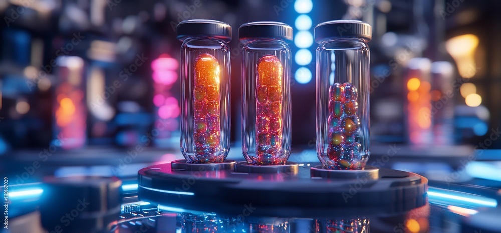 Poster three glowing capsules in futuristic vials on a rotating platform.