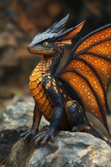 Orange and Black Dragon Perched on Rocks