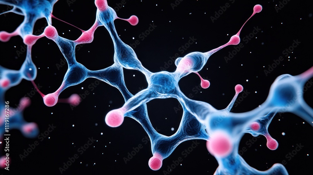 Poster abstract representation of molecular structures in vibrant colors.