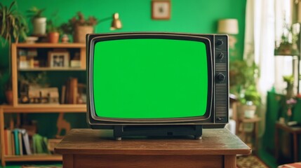 Vintage living room interior with old TV on green screen, wooden table, and eclectic decor elements