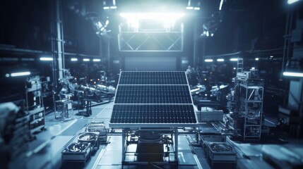 Industrial space with solar panel, scientific tools, and futuristic lighting from high vantage point: exploration and discovery mood