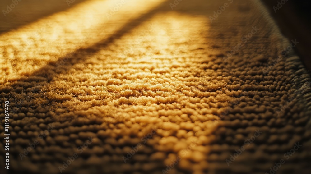 Poster warm textured carpet with gentle sunlight casting shadows, creating a cozy atmosphere in a soft indo